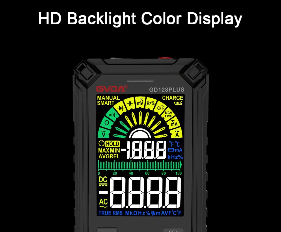 Contents of the GVDA GD128PLUS Multimeter package including multimeter, test leads, charging cable, thermocouple, and carrying bag.