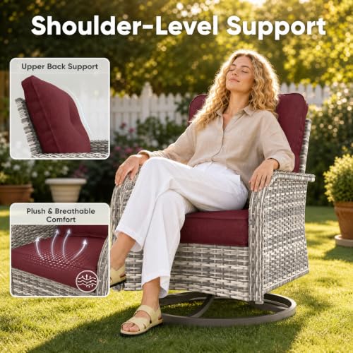 Image of 5-Piece Small Patio Furniture Set, Outdoor Swivel Rocking Chairs Set with Ottomans, Patio Bistro Set for Balcony, Deck, Porch, Red