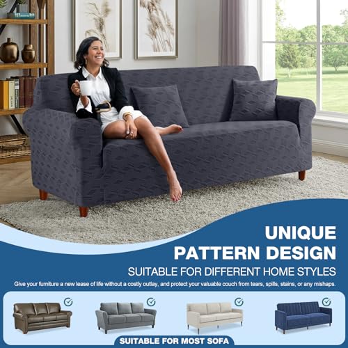 Image of TAOCOCO Stretch Sofa Covers for 3 Cushion Couch, 1Piece Non Slip Sofa Slipcover Washable with 2PCS Throw Pillow Covers, Jacquard Furniture Protector for Pets Dog(3 Seater,Dark Grey)