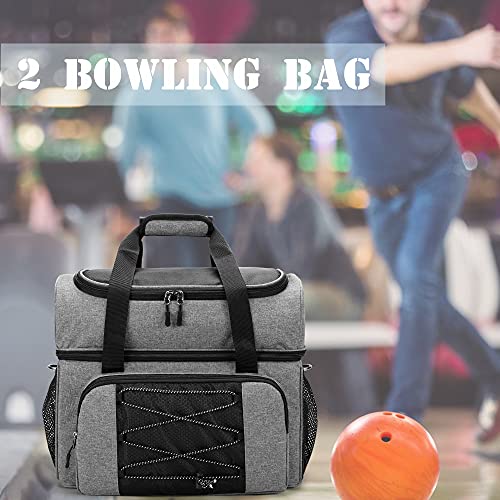 DSLEAF Bowling Bag for 2 Balls, Bowling Tote with Wooden Bowling Cups and Padded Divider for Double Ball and A Pair of Bowling Shoes Up to Mens 16 and Extra Essentials (Patent Design), Bag Only
