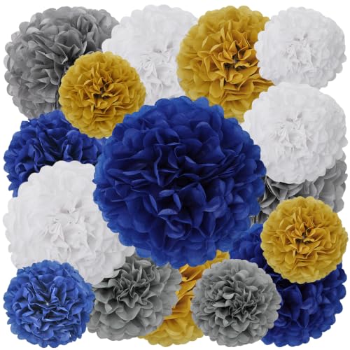 Image of BestoFun 16 PCS Pompoms Paper Flowers Decorations Navy Blue White Gold Party Decoration Navy Blue White Silver Party Decorations Graduation Baby Shower Gender Reveal Decorations Lasting Surprise