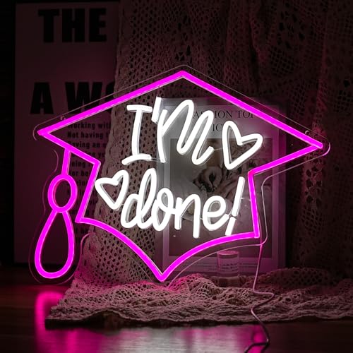 Image of I'm Done Neon Sign LED Bachelor's Cap Light Sign Dimmable Graduation Decor Neon Light USB Powered Congrats Neon Light for Commencement School Graduation Party Wall Decor(16.5 * 12.6 In)