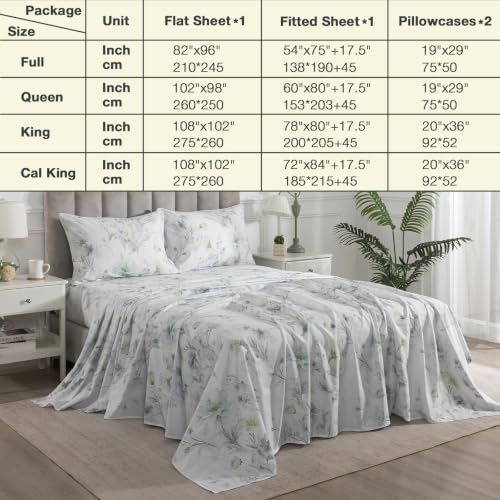 Image of Vintage Green Floral Percale Sheets California King, Deep Pocket | 100% Cotton White Flower Sheet Set, Shabby Chic Bed Sheets, Neutral Toile Bedding, Charcoal Black Peony, Soft Crisp, 4Pcs