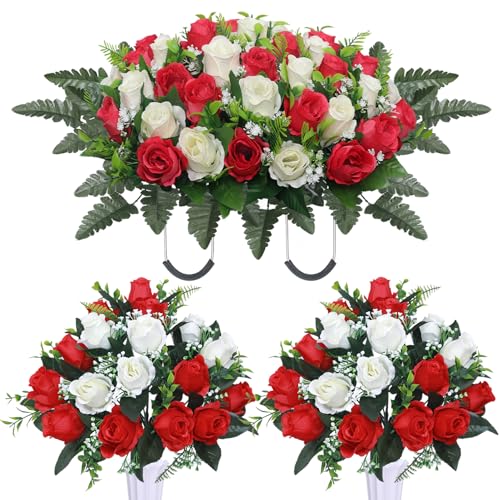 Artificial Cemetery Flower Saddles,Cemetery Memorial Flowers with Vase,Outdoor Grave Saddle Headstone Decorations, Artificial Rose Bouquet Grave Memorial Flowers 3Sets (Red) image 4