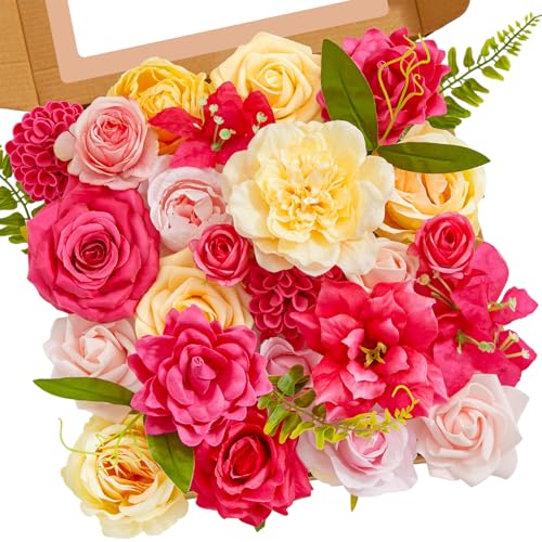 Serwalin Artificial Hot Pink & Yellow Flowers, Magenta Silk Fake