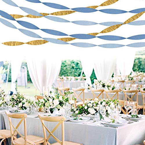 Image of Light-Dusty Blue Gold Party-Decorations Streamers - 9 Rolls Birthday Baby Bridal Shower Wedding Crepe Tissue Paper Streamer Bachelorette Engagement Garland Decor Panduola