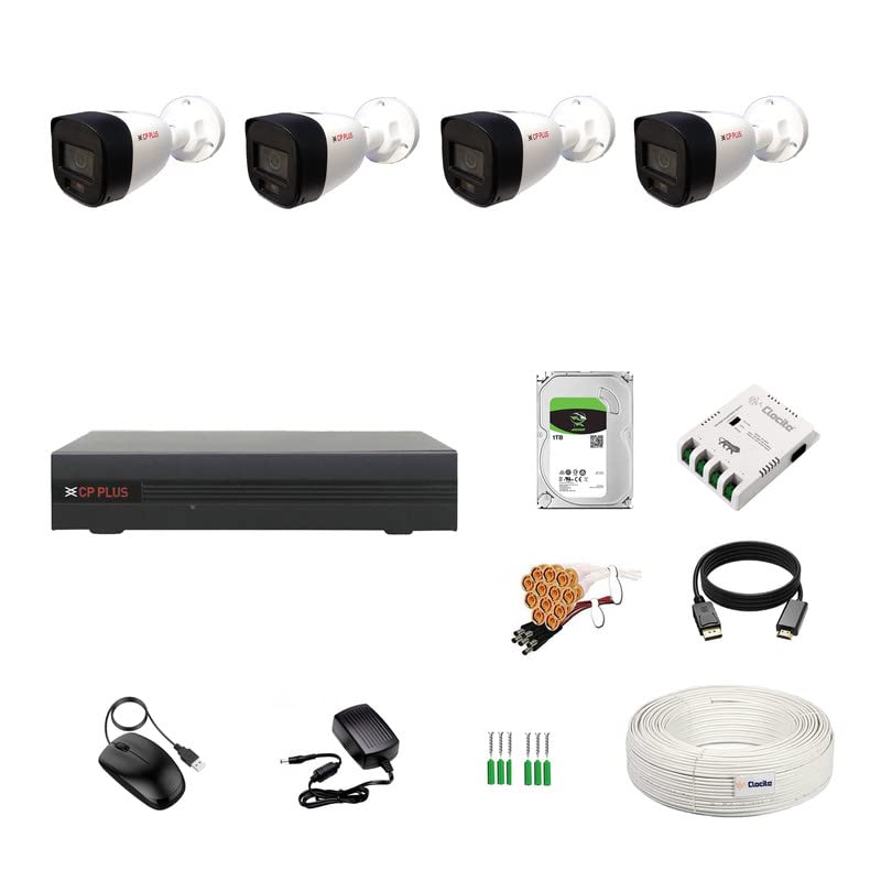 Image of CP Plus 4CH DVR + 2.4MP (Guard+) Audio Recording 4 Bullet Cameras with 24 /7 Colorful Imaging (Day /Night Color Vision) + 1TB HDD + Copper Cable Roll (1+3) + 4CH SMPS + BNC & DC