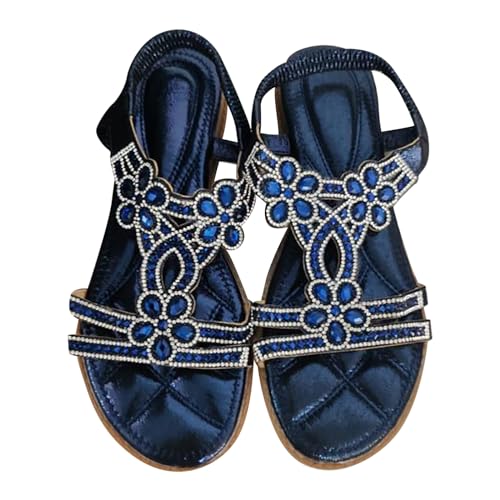 Women Rhinestone Embellished Flat Sandal High Elastic Ankle Strap Shoe Solid Textured Open Toe Sparkly Sandals