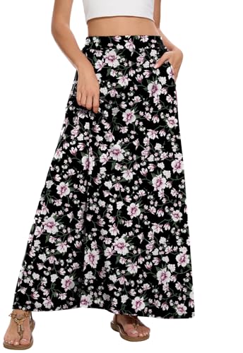 Image of Womens Maxi A-line Long Skirt Casual 2026 Elastic High Waist Flowy Skirts with Pockets