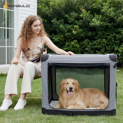 Image of NEWBULIG Collapsible Dog Crate 42 Inch, Portable Travel Crate for Dogs and Cats, Soft Foldable Pet Kennel with 3-Door Mesh Windows Indoor & Outdoor
