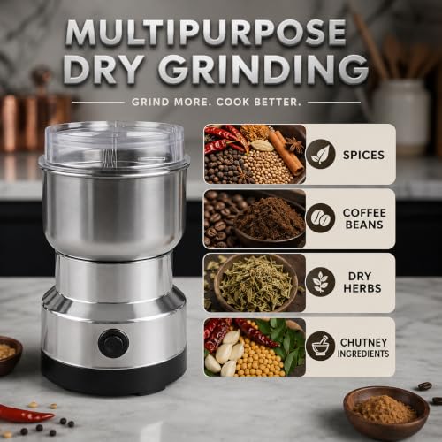 Image of Drumstone Mini Mixer Grinder for Spices, Coffee Beans, Chutney & Baby Food, Stainless Steel Grinding Jar with Sharp Blades, Compact Electric Dry Grinder for Home Kitchen Use, Silver