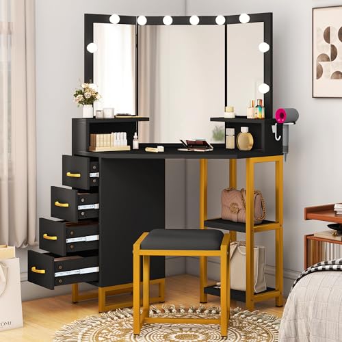YITAHOME Vanity Desk with Lighted Mirror Corner Vanity with Power Outlet 3 Color Modes Adjustable Makeup Table Set with 4 Drawer Stool Bedroom Dark Black