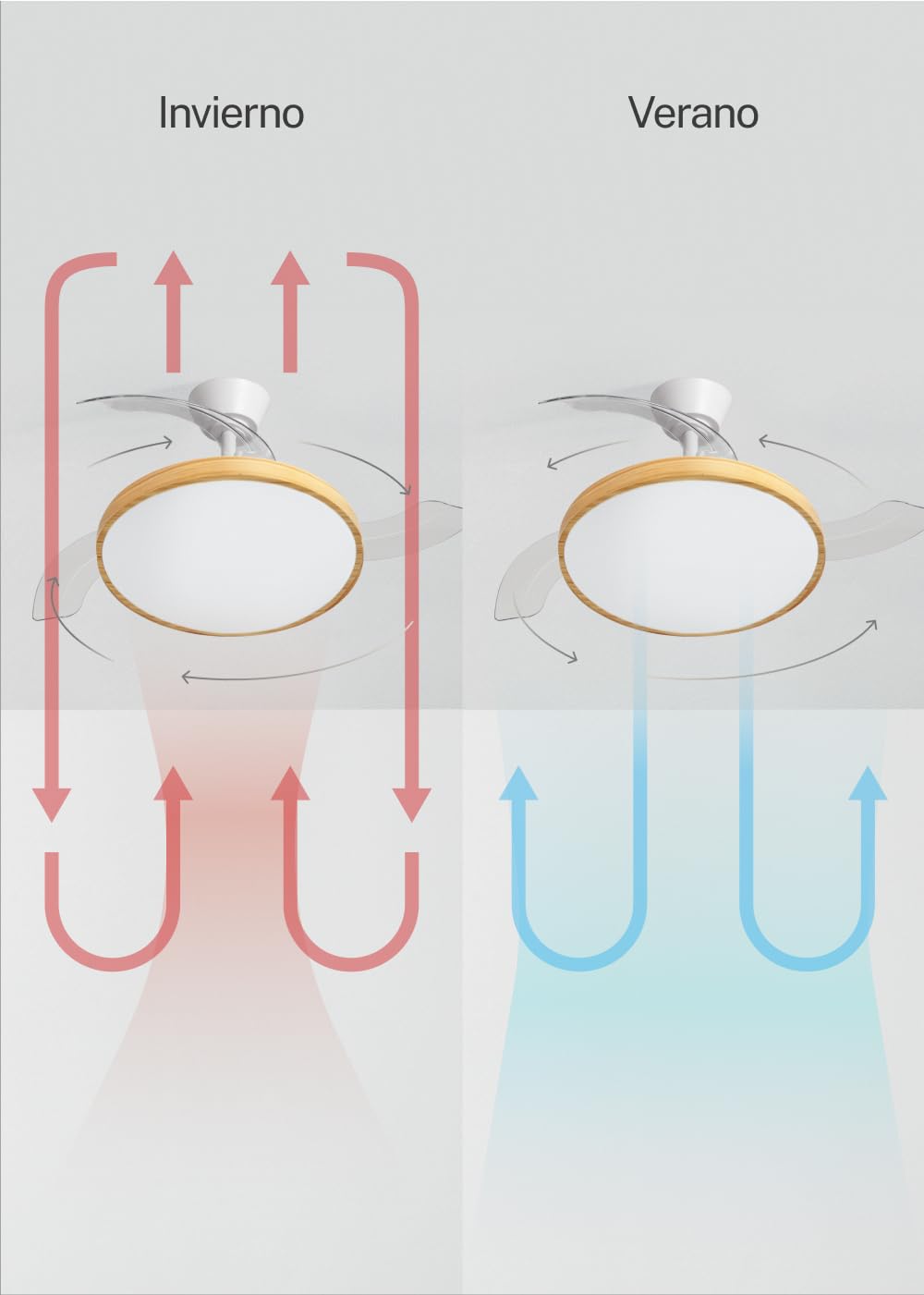 CREATE / WIND CLEAR STUDIO M/Ventilatore da soffitto con luce bianco e legno chiaro con Wifi e telecomando / 40W, Temporizzatore, Ø 108 cm, pale retrattili, 3 temperature di luce, estate-inverno