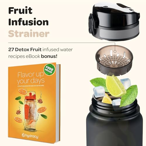 Image of Hydracy Water Bottle with Time Marker - Large 1 Liter 32 Oz BPA Free Water Bottle - Leak Proof & No Sweat Gym Bottle with Fruit Infuser Strainer - Ideal Gift for Fitness or Sports - Space Grey