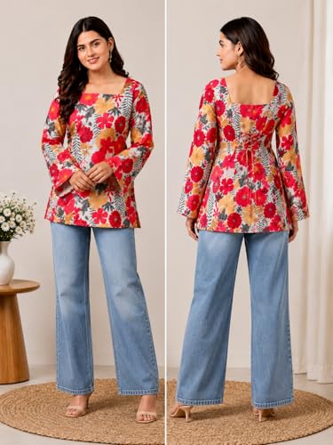 Image of SONISHA Women's Rayon Floral Print Short Kurti for Women Elegance Square Neck, Long Sleeves with Style Criss Cross Back Kurti, Top for Office Wear, Casual, Outdoor