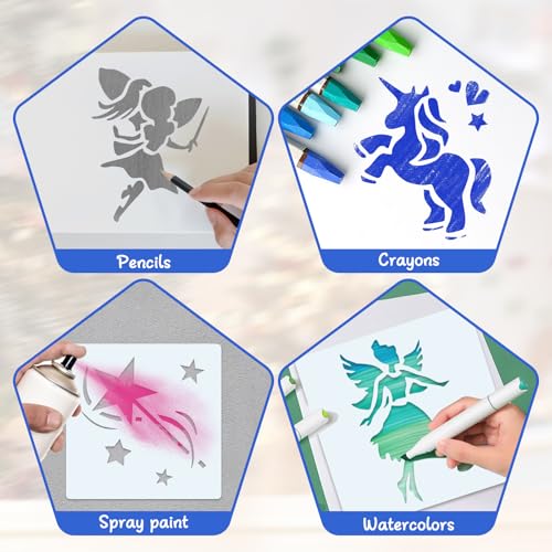Yonality 8 stück schablonen malen für kinder, 15x15cm schablonen set mit feen, wiederverwendbar cartoon malschablonen aus kunststoff, für DIY handwerk scrabooking wanddekoration textilgestaltung