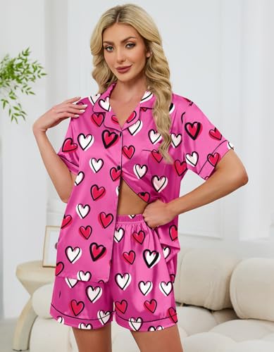 Image of Schbbbta Women Pajamas Set, 2 Pieces Satin Silk Button Down Pjs Short Sleeve Outfits Loungewear