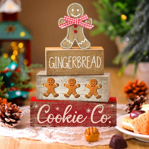 Image of Moucuny 4 Pcs Christmas Table Decor Gingerbread Man Decoration Christmas Centerpiece Winter Tiered Tray Decor Rustic Gingerbread Block Signs Gift Winter Table Decoration for Xmas Party Kitchen Home