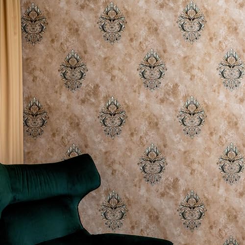 Image of wolpin Non-Woven Wallpaper Non-Adhesive (53 x 950 CM) (Beige) | Textured Damask Ornate Wall Covering with Sparkling Shine | Beige Decorative Wall Covering (54.18 Sq Ft)
