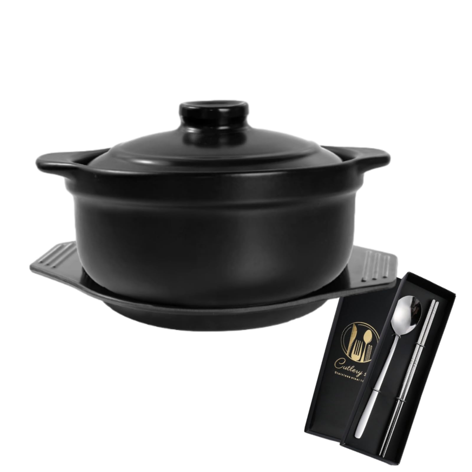 Korean Stone Pot with Lid & Platter Ceramic Sizzling Hot Pot for Bibimbap, Kimchi, Hot Pot, Soups and Stews, 40 oz Korean Pots for Cooking with Spoon