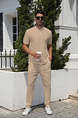 Fznhql Men's 2-Piece Outfits Tracksuits Short Sleeve Tops And Pants Sets Fashion 2023 Suits Sets For Beach Party Casual Set Khaki Brown X-Large #TOP1
