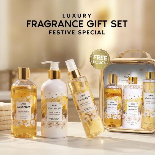 Image of Nykaa Wanderlust Rakhi Gift Set for Women - Swiss Vanilla Body Care Kit (700ml) | Warm Vanilla & Cedarwood Fragrance Notes | Shower Gel, Lotion, Body Mist with Free Pouch | Premium Rakhi, Festive & Birthday Gifting Combo | Pack of 3
