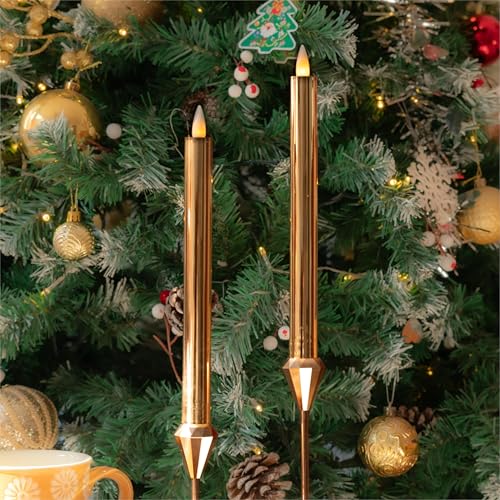 Image of Flameless Taper Candles Flickering with Remote and Timer, 3D Moving Flame Taper Candle Battery Operated to 400 Hours, 9 Inch Window Candles (High Shine Gold, Set of 2)