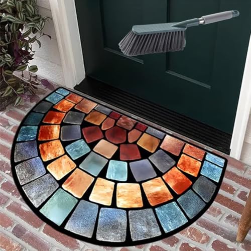 Felpudo semicircular de estilo bohemio, antideslizante, suave, alfombra de piso con diseño de mandala con respaldo de goma TPR, tapete decorativo absorbente para exteriores, interiores (40 x 60 cm)
