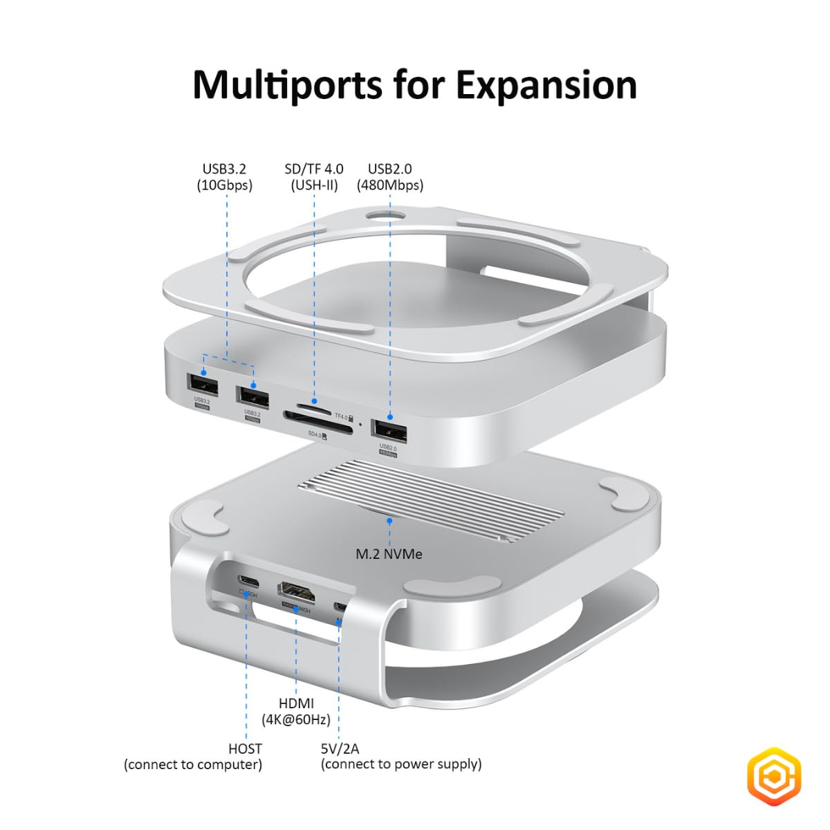 Casecentive Mac Mini M4 Dock mit Dual-HDMI (4K@60Hz) für Dual-Monitor-Setups, 10Gbps USB-Ports, 8TB M.2 NVMe SSD-Slot, SD/TF UHS-II Kartenleser & Aluminium-Kühlstand – Kompatibel mit Mac Mini M4/M4 Pr