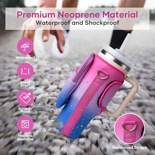 Image of linmaya Water Bottle Carrier Bag with Phone Pocket for Stanley Cup 40 /30oz,Insulated Neoprene Water Bottle Holder Cross-boday Bag with Adjustable Shoulder & Handheld Strap Stanley Cup Accessories