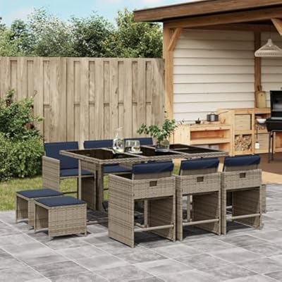 YITHOPI 11 Piece Patio Dining Set with Cushions Gray Poly Rattan Versatile Lounge Furniture Outdoor Lounge Set Patio Furniture Sets Balcony Furniture Sets for patios, Gardens, Decks