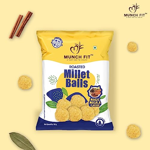 Image of Munch Fit Healthy & Roasted Millet Balls Snack - Magic Masala | 100% Veg | Gluten Free | No Added Sugar | Low Calorie | High Fibre, No Maida | Ready to Eat Roasted Snacks | Pack of 6x100g each