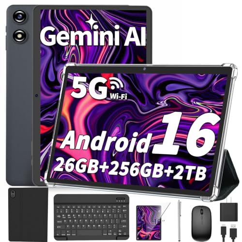 Image of Android Tablet 10 inch, 2026 Android 16 Tablet with Keyboard, 26GB+256GB (2TB Expand), Gemini AI Tablet with 8-Core, 8000mAh, 5G WiFi, Widevine L1, 2 in 1 Tablets PC with Case /Mouse /Stylus-Black Case