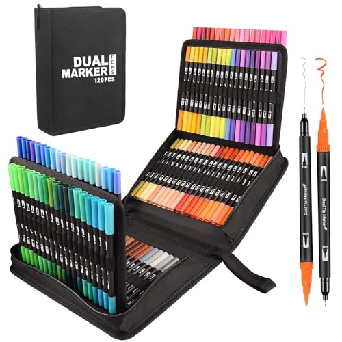 Gelanty Feutres Coloriage Adulte, 120 Stylos Dual Tip Brush Lot de Marqueurs d'art Calligraphie Lettrage Feutre pour Coloriage Adulte, Croquis, Peinture, Création Artistique