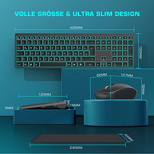 Vbrisi Kabelloses Tastatur Maus Set, Ultraslim 2.4GHz Tastatur Maus Set Kabellos, Wiederaufladbare Kabellose Tastatur und Maus mit Deutsches QWERTZ-Layout Kompatibel mit PC/Laptop/Tablet – Bild 3