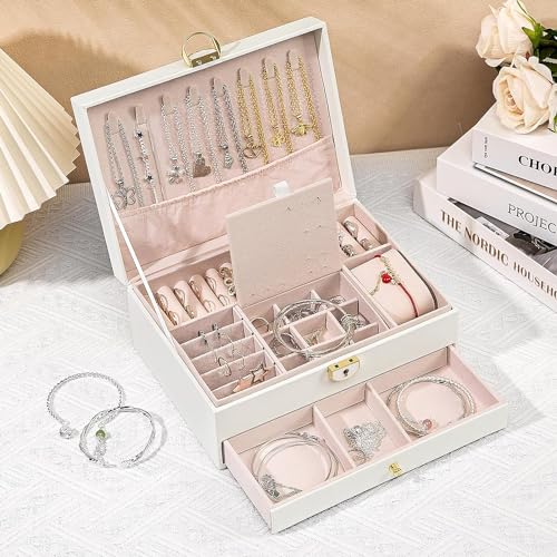 Image of KRISHYAM Jewelry Boxes for Women - 2-Layer Lockable Waterproof Leather Jewelry Box | Ideal for Rings, Bracelets, Earrings, Necklaces, Gifts, Watches (White)