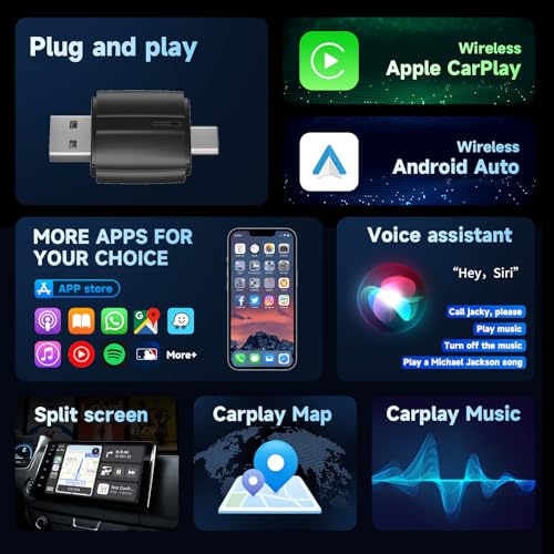 Image of 2-in-1 Wireless CarPlay and Android Auto Adapter, Plug and Play Dongle, Fast Auto-Connect, No Delay, for iPhone and Android, USB /USB-C Port, Black (Carplay-2102)