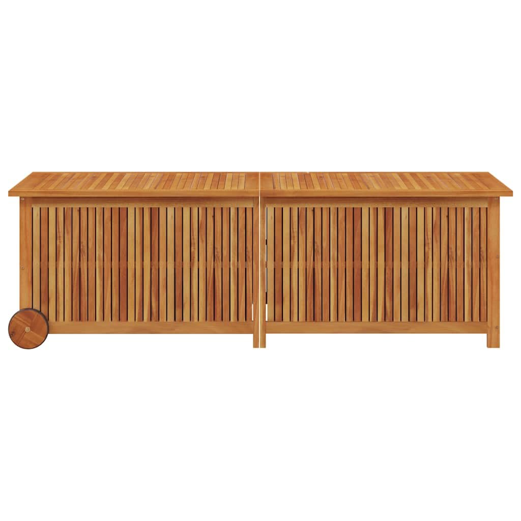 Coffre de jardin en bois d'acacia massif 150 x 50 x 58 cm avec roulettes et sac intérieur imperméable, boîte de rangement résistante aux intempéries pour coussins de jardin, coussins, jouets