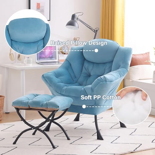Image of Tiita Lazy Chair with Ottoman, Blue Chiars Modern Large Accent Armchair, Comfy Leisure Sofa Reading Chair with Footrest for Bedroom, Living Room, Dorm Rooms, Garden, Velvet Light Blue