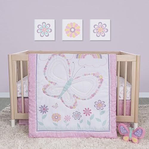 Image of Sammy & Lou Floral Butterfly 4-Piece Baby Nursery Crib Bedding Set for Girls, Includes Quilt, Fitted Crib Sheet, Crib Skirt, and Plush Toy