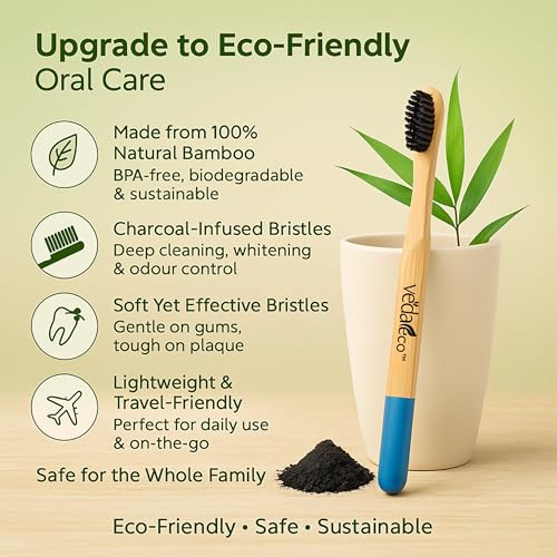 Image of Bamboo toothbrush for adults VEDAeco Wooden Tooth Brushes - Pack of 4
