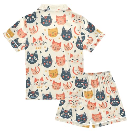 ALAZA Cat Kitten with Love Heart Pajamas Satin Pajama Set Short Sleeve Button Down Sleepwear2
