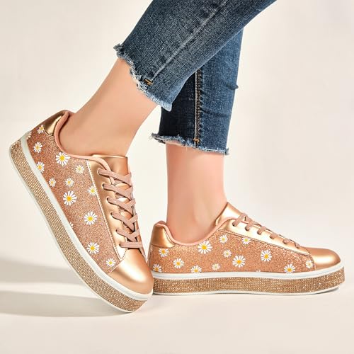 Image of UUBARIS Women's Glitter Tennis Sneakers Neon Dressy Sparkly Sneakers Rhinestone Bling Wedding Bridal Shoes Shiny Sequin Shoes