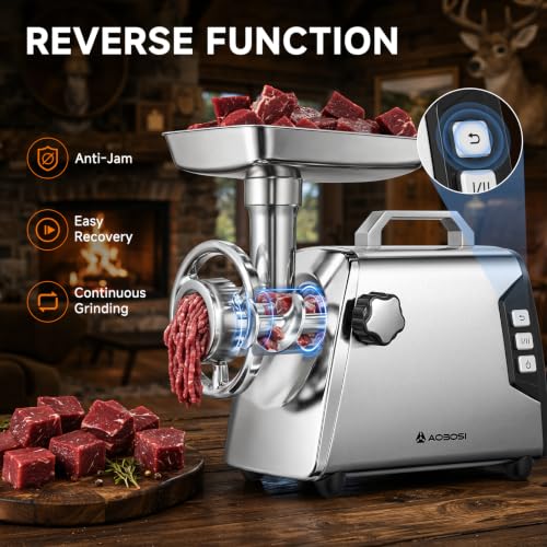 Image of AAOBOSI #12 Meat Grinder Heavy Duty, 3000W Electric Meat Grinder for Hunting with All-Metal Gearbox & Reverse Function, Built-in Storage Box, All-Stainless Body for Deer Wild Game Processing