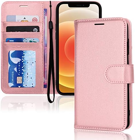 TECHGEAR iPhone 12 / iPhone 12 Pro Leather Wallet Case, Flip Protective Case Cover with Wallet Card Holder, Stand and Wrist Strap - Pink PU Leather with Magnetic Closure for iPhone 12/12 Pro 6.1"
