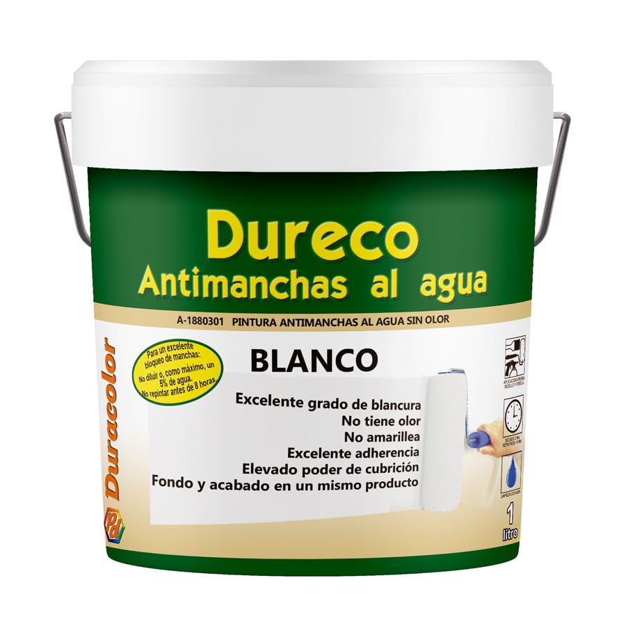 Pintura Dureco Antimanchas al Agua Sin Olor - Color Blanco - 1 Litro - Apto Para Superficies de Mampostería - Resistencia a los Álcalis (Sales) - No Amarillea - Fácil Limpieza - Duracolor