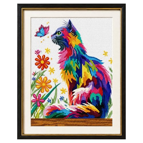 Image of Zhenqing Playful Cat & Butterfly Cross Stitch Kit for Beginners - 11CT Printed 30x40cm Aida Cloth, Colorful Threads & Needle Included (No Hoop /Scissors) (66988)