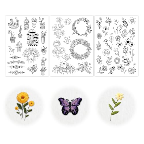 NQEUEPN 3pcs Stick and Stitch Embroidery Paper, A4 Water Soluble Stabilizer for Embroidery Wash Away Embroidery Patterns Tranfer Pre-Printed Flowers for Hand Sewing Beginners Gifts