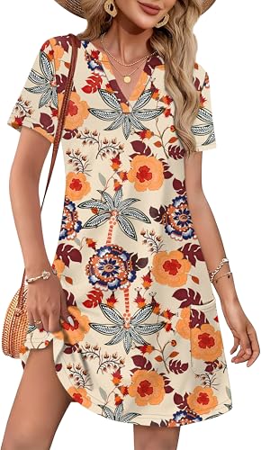 Image of WIHOLL Summer Dresses for Women Casual V Neck Wedding Guest Dress Hawaiian Midi Dress Fashion Beach Vacation Clothes