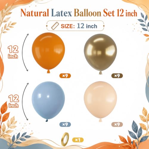 Image of Burnt Orange and Blue Fall Balloons, Retro Dusty Blue Orange Nude Balloon | Metallic Light Gold Thanksgiving Balloons for Boho Autumn Harvest Market Baby Shower Here Comes the Son Party Decorations